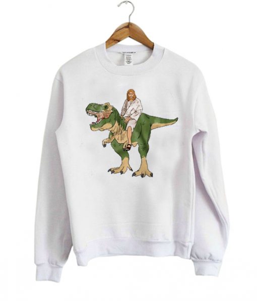 Jesus on a dinosaurus sweatshirt