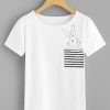 Casual Striped and Animal Regular Fit Round Neck Short Sleeve Pullovers White Regular Length Rabbit Print Striped Pocket Tee RE23