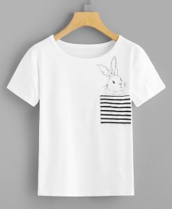 Casual Striped and Animal Regular Fit Round Neck Short Sleeve Pullovers White Regular Length Rabbit Print Striped Pocket Tee RE23