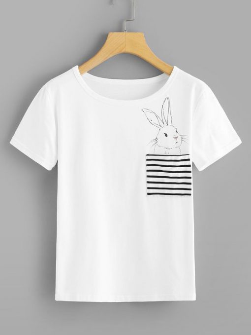 Casual Striped and Animal Regular Fit Round Neck Short Sleeve Pullovers White Regular Length Rabbit Print Striped Pocket Tee RE23