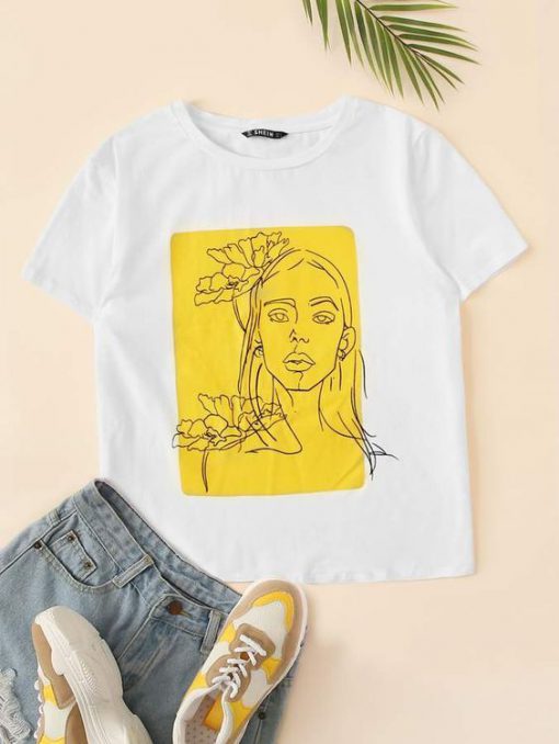 Floral and Figure Print Tee T-shirt RE23