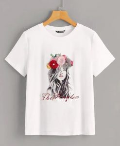 Figure Print Appliques Beaded T-Shirt RE23