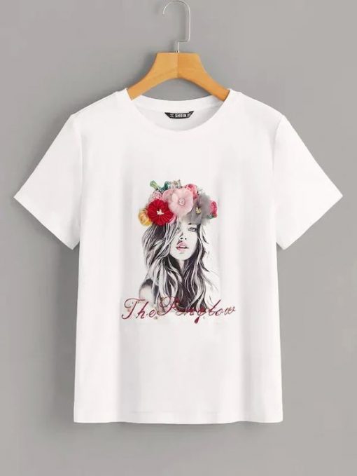 Figure Print Appliques Beaded T-Shirt RE23