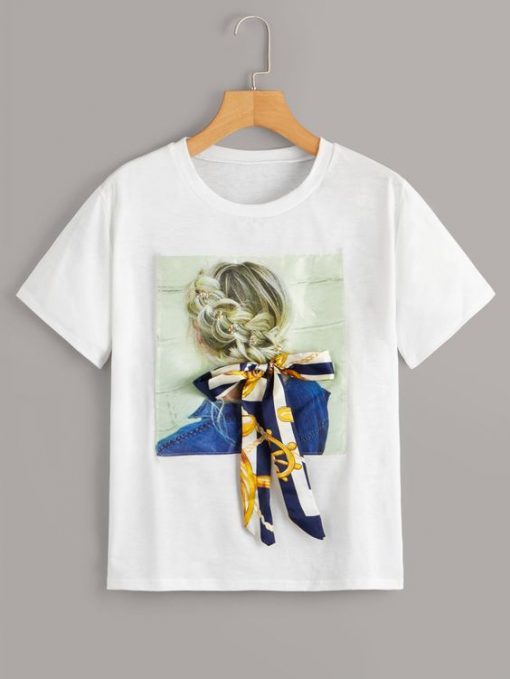 Figure Print Tie Front T-Shirt ZX03