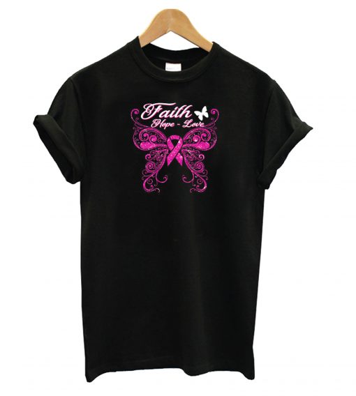 Faith Hope Love Breast Cancer Awareness Black T shirt IGS