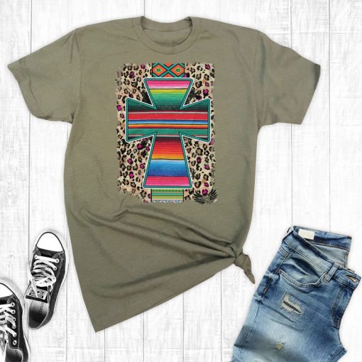 Army Green Serape Aztec Cross T-shirt RE23