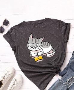 Cartoon Cat Reading Book T-shirt