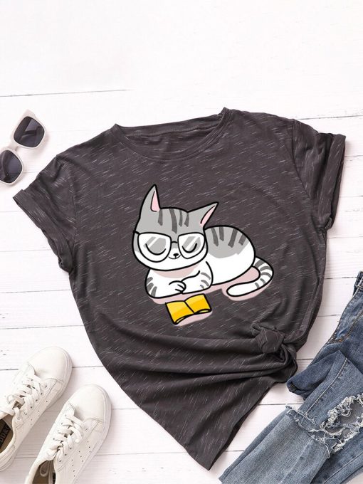 Cartoon Cat Reading Book T-shirt