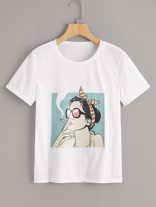 Smoking Girl Figure Print T-Shirt