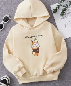 Coffee Time Girls Cartoon & Slogan Graphic Hoodie