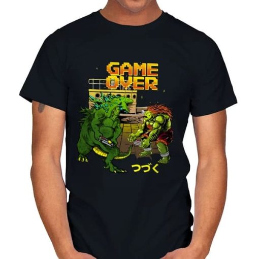 Godzilla and Street Fighter with Game Over t-shirt