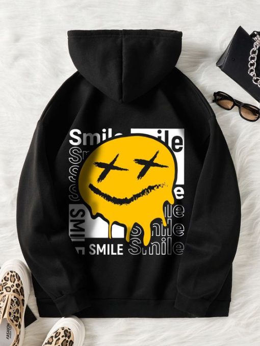 Smile Letter & Cartoon Face Print Hoodie