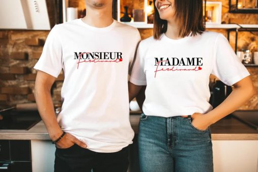 Madame Monsieur personalized last name red heart Couple T Shirt AL