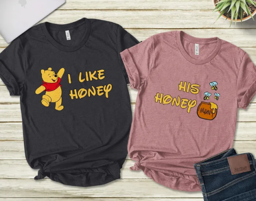 Valentine Pooh Bear Couple I Like Honey His Honey Honeymoon Couple T-shirt AL